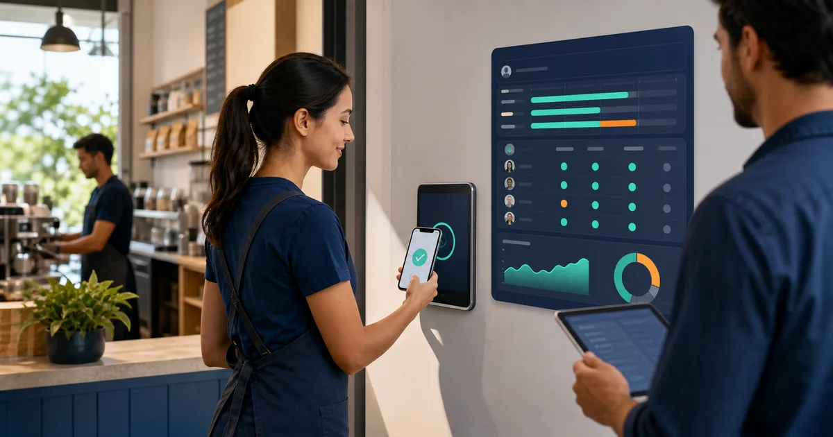 Cafe employee clocking in on a mobile device beside an attendance dashboard.
