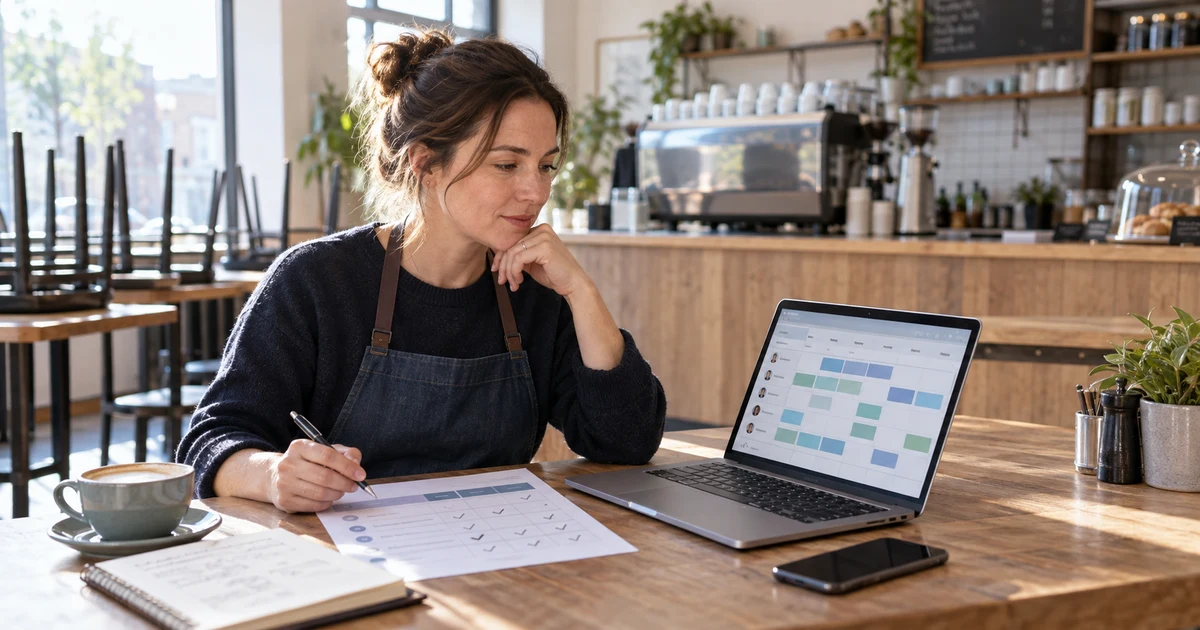 Independent cafe owner comparing workforce management and rota software beside a laptop showing a weekly staff schedule.